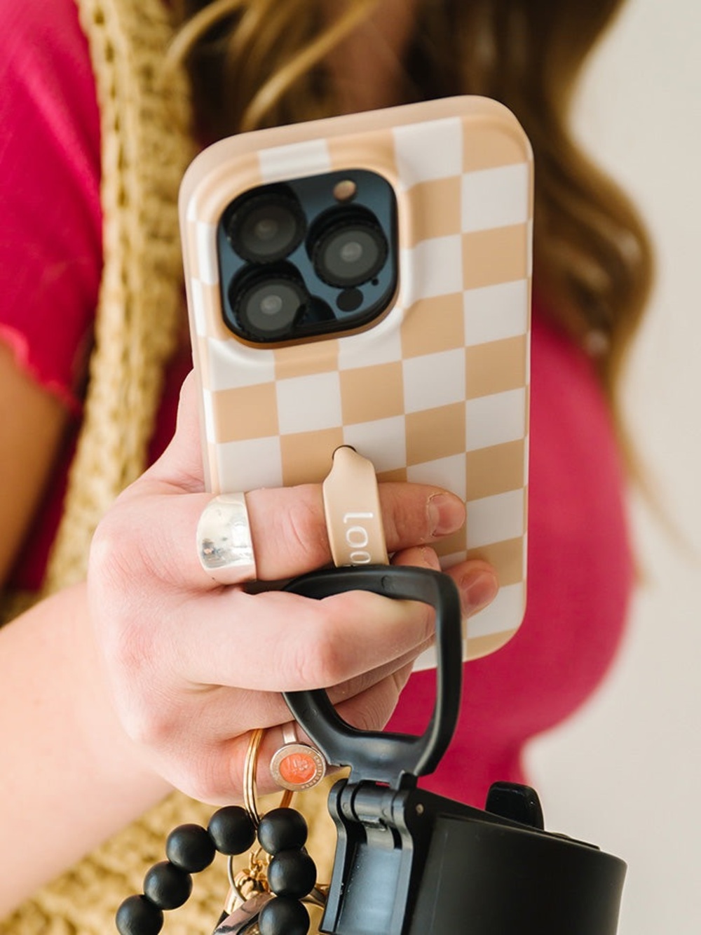 Loopy Case Beige and White Checkerboard iPhone Case with Beige Finger Loop